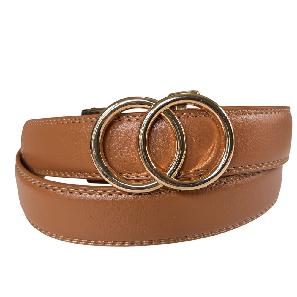 Minimalist Ratchet Belt Womens Cognac Gold Double Ring Buckle Classic Brown 39in
